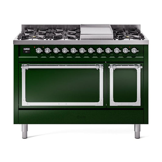 Ilve UN48FQNMPEGC Ilve Un48Fqnmpegc Nostalgie Ii Noblesse 48" Dual Fuel Range (8 Sealed Burners + Griddle, Natural Gas, Solid Door, Emerald Green, Chrome)