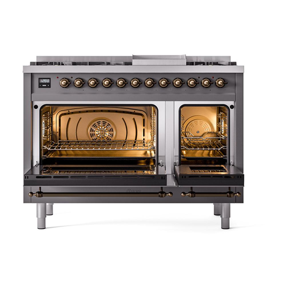 Ilve UN48FQNMPMGB Ilve Un48Fqnmpmgb Nostalgie Ii Noblesse 48" Dual Fuel Range (8 Sealed Burners + Griddle, Natural Gas, Solid Door, Graphite Matte, Burnished)
