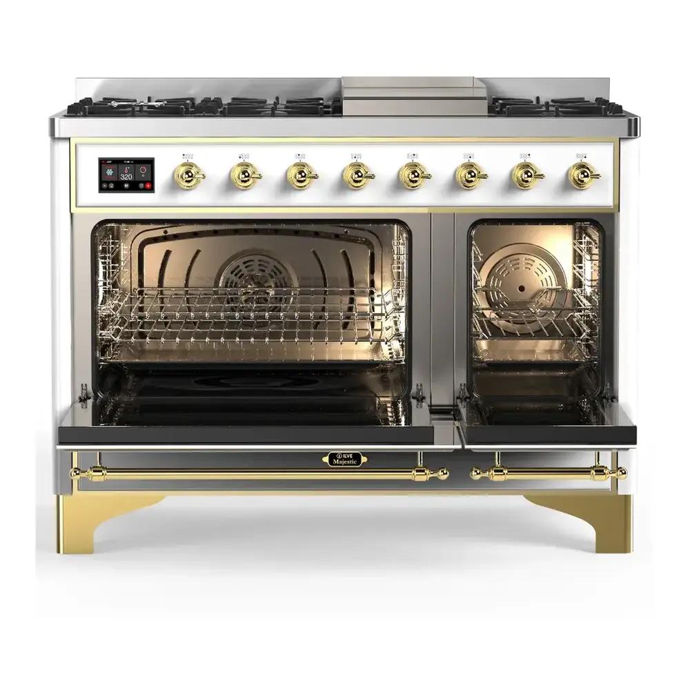 Ilve UM48FNR3RAG Ilve Um48Fnr3Rag Majestic Iii 48 Inch Dual Fuel Range With 8 Burners And Griddle, Dual Function Burner Up To 25,000 Btu (Natural Gas, Triple Glass Door, Ral, Brass)