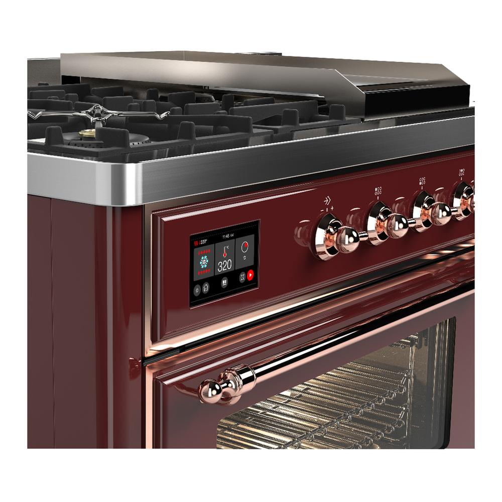 Ilve UM48FSNR3BUP Ilve Um48Fsnr3Bup Majestic Iii 48 Inch Dual Fuel Range With 5 Black Brass Burners, Griddle And French Top, Dual Function Burner Up To 25,000 Btu (Natural Gas, Triple Glass Door, Burgundy, Copper)