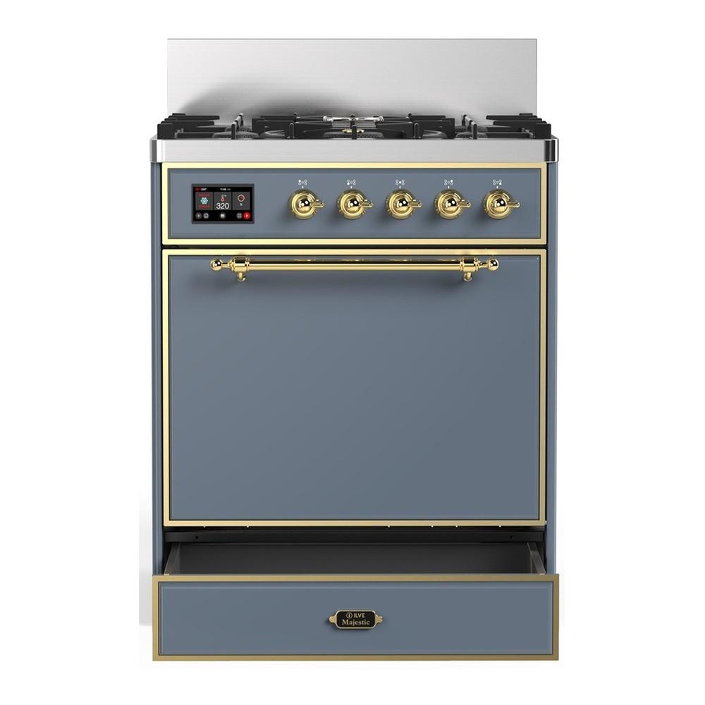 Ilve UM30QNR3BGGLP Ilve Um30Qnr3Bgglp Majestic Iii 30 Inch Dual Fuel Range With 5 Black Brass Burners, Dual Function Burner Up To 25,000 Btu (Liquid Propane, Solid Door, Blue Grey, Brass)