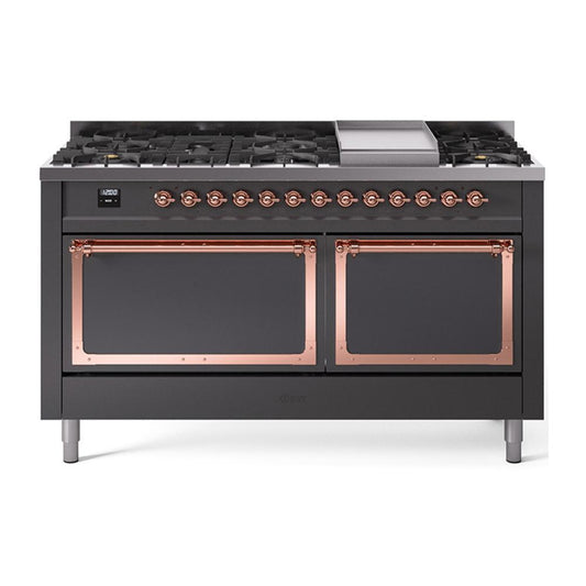 Ilve UN60FQNMPMGP Ilve Un60Fqnmpmgp Nostalgie Ii Noblesse 60" Dual Fuel Range (9 Sealed Burners + Griddle, Natural Gas, Solid Door, Graphite Matte, Copper)