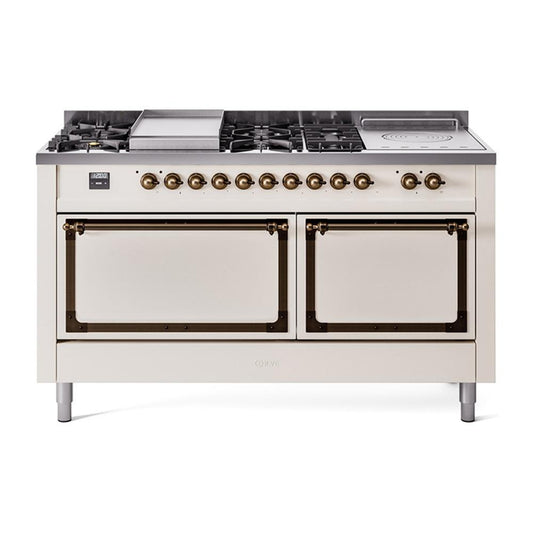 Ilve UN60FSQNMPAWB Ilve Un60Fsqnmpawb Nostalgie Ii Noblesse 60" Dual Fuel Range (7 Sealed Burners + Griddle + French Top, Natural Gas, Solid Door, Antique White, Burnished)