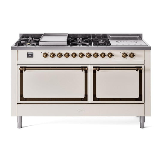 Ilve UN60FSQNMPAWB Ilve Un60Fsqnmpawb Nostalgie Ii Noblesse 60" Dual Fuel Range (7 Sealed Burners + Griddle + French Top, Natural Gas, Solid Door, Antique White, Burnished)