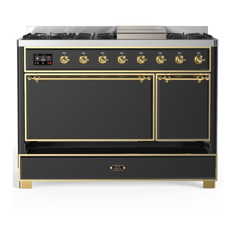 Ilve UM48FQNR3MGGLP Ilve Um48Fqnr3Mgglp Majestic Iii 48 Inch Dual Fuel Range With 8 Burners And Griddle, Dual Function Burner Up To 25,000 Btu (Liquid Propane, Solid Door, Graphite Matte, Brass)
