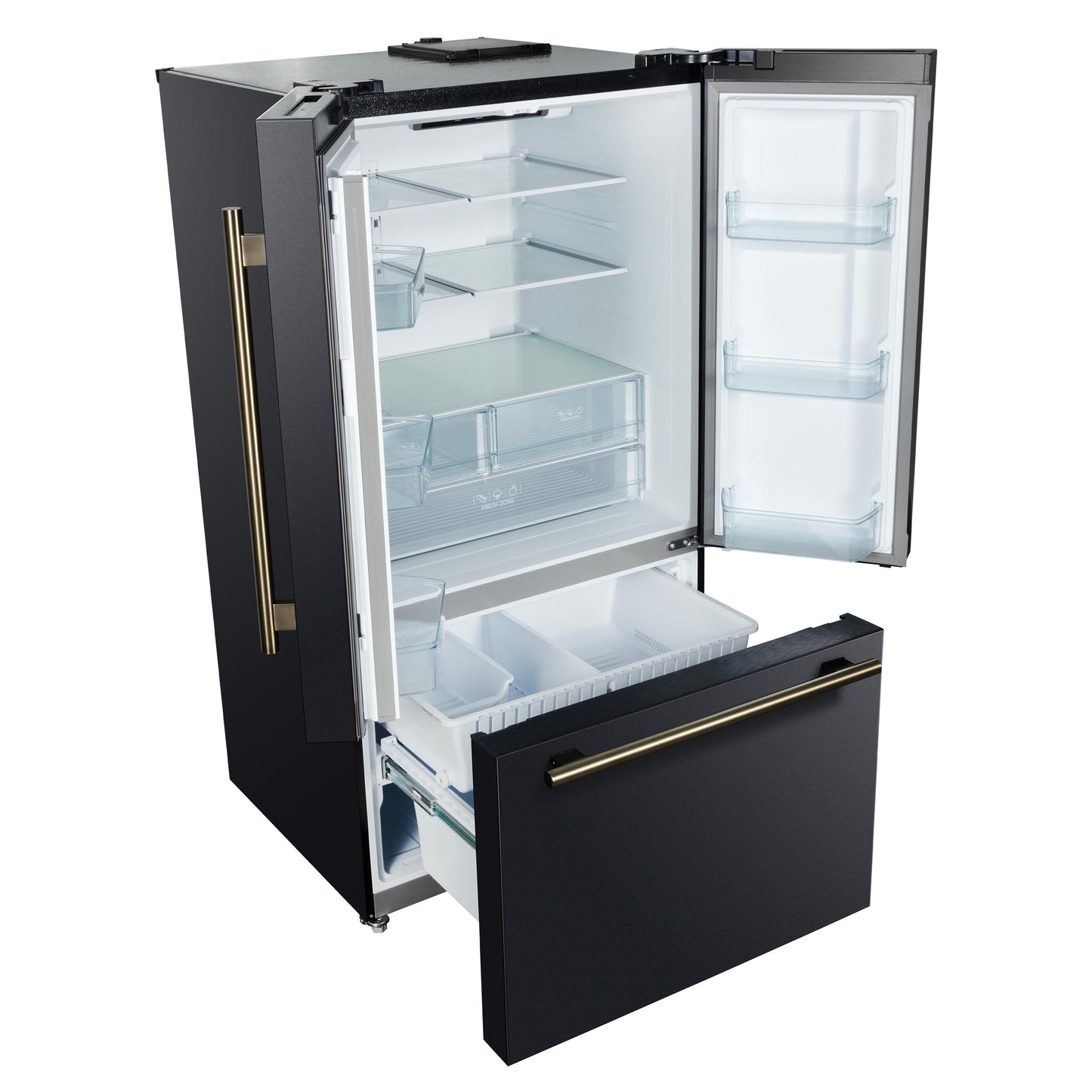 Forno FFFFD178336BLK Forno Rivello 36 Inch French Door Refrigerator In Black With Antique Brass, Internal Water Dispenser, Filtered Ice, Adjustable Shelves, Energy Star Certified