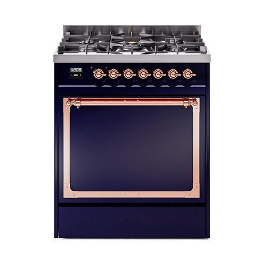 Ilve UN30QNMPMBPLP Ilve Un30Qnmpmbplp Nostalgie Ii Noblesse 30" Dual Fuel Range (Liquid Propane, Solid Door, Midnight Blue, Copper)