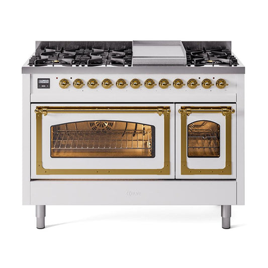 Ilve UN48FNMPWHGLP Ilve Un48Fnmpwhglp Nostalgie Ii Noblesse 48" Dual Fuel Range (8 Sealed Burners + Griddle, Liquid Propane, Triple Glass Door, White, Brass)