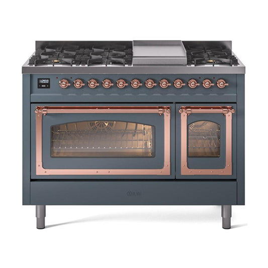 Ilve UN48FNMPBGP Ilve Un48Fnmpbgp Nostalgie Ii Noblesse 48" Dual Fuel Range (8 Sealed Burners + Griddle, Natural Gas, Triple Glass Door, Blue Grey, Copper)