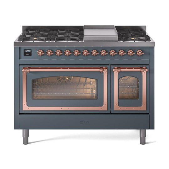 Ilve UN48FNMPBGP Ilve Un48Fnmpbgp Nostalgie Ii Noblesse 48" Dual Fuel Range (8 Sealed Burners + Griddle, Natural Gas, Triple Glass Door, Blue Grey, Copper)