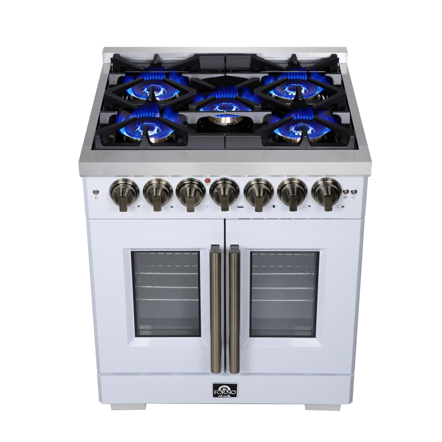 Forno FFSGS638730WHT Forno Capriasca 30-Inch Freestanding French Door Dual Fuel Range In White With Antique Brass Accessories, 5 Burners, True Convection Oven