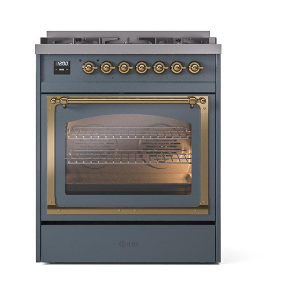 Ilve UN30NMPBGGLP Ilve Un30Nmpbgglp Nostalgie Ii Noblesse 30" Dual Fuel Range (Liquid Propane, Triple Glass Door, Blue Grey, Brass)