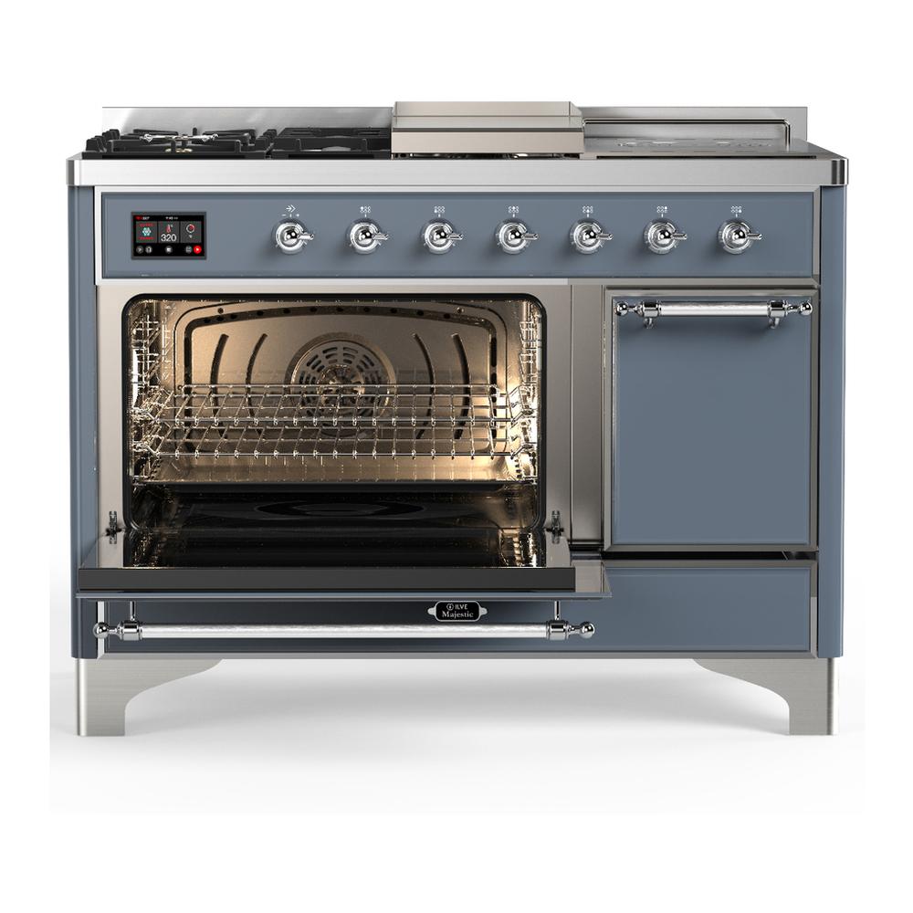 Ilve UM48FSQNR3BGC Ilve Um48Fsqnr3Bgc Majestic Iii 48 Inch Dual Fuel Range With 5 Black Brass Burners, Griddle And French Top, Dual Function Burner Up To 25,000 Btu (Natural Gas, Solid Door, Blue Grey, Chrome)