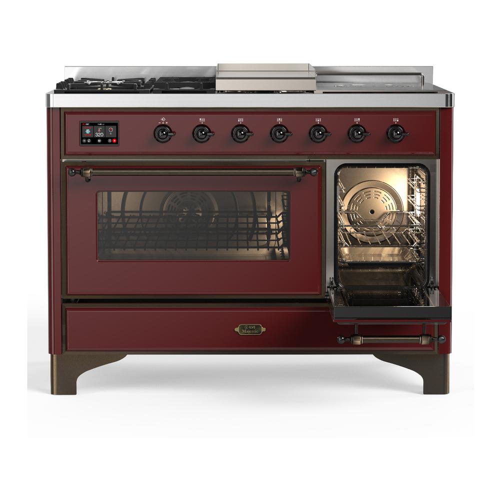 Ilve UM48FSNR3BUB Ilve Um48Fsnr3Bub Majestic Iii 48 Inch Dual Fuel Range With 5 Black Brass Burners, Griddle And French Top, Dual Function Burner Up To 25,000 Btu (Natural Gas, Triple Glass Door, Burgundy, Burnished)