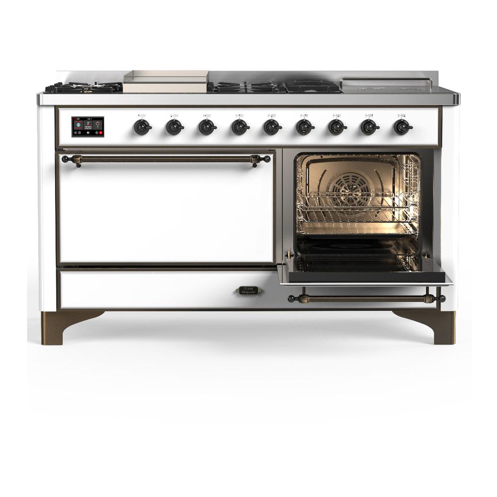 Ilve UM60FSQNR3WHB Ilve Um60Fsqnr3Whb Majestic Iii 60 Inch Dual Fuel Range With 7 Burners, Griddle And French Top, Dual Function Burner With Up To 25,000 Btu (Natural Gas, Solid Door, White, Burnished)