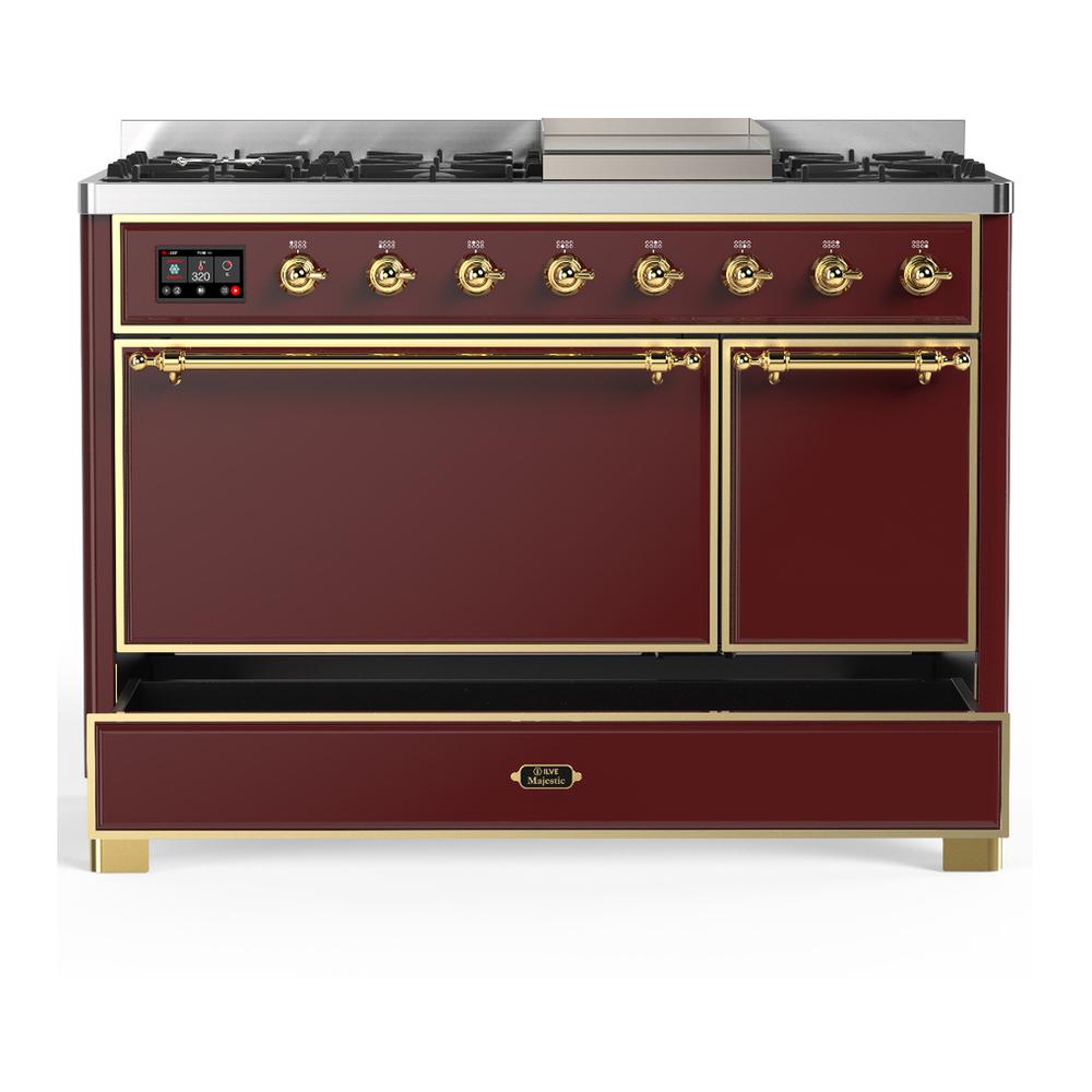 Ilve UM48FQNR3BUG Ilve Um48Fqnr3Bug Majestic Iii 48 Inch Dual Fuel Range With 8 Burners And Griddle, Dual Function Burner Up To 25,000 Btu (Natural Gas, Solid Door, Burgundy, Brass)