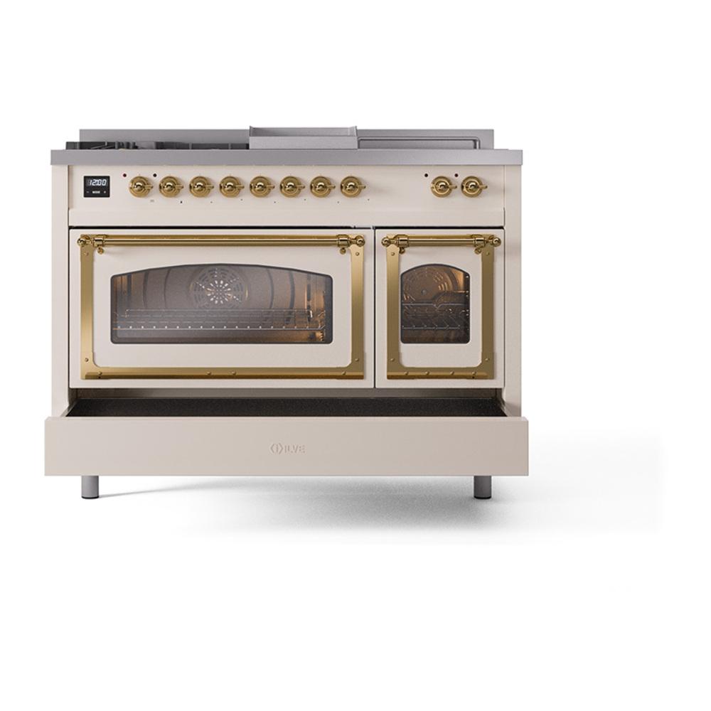 Ilve UN48FSNMPAWG Ilve Un48Fsnmpawg Nostalgie Ii Noblesse 48" Dual Fuel Range (5 Sealed Burners + Griddle + French Top, Natural Gas, Triple Glass Door, Antique White, Brass)