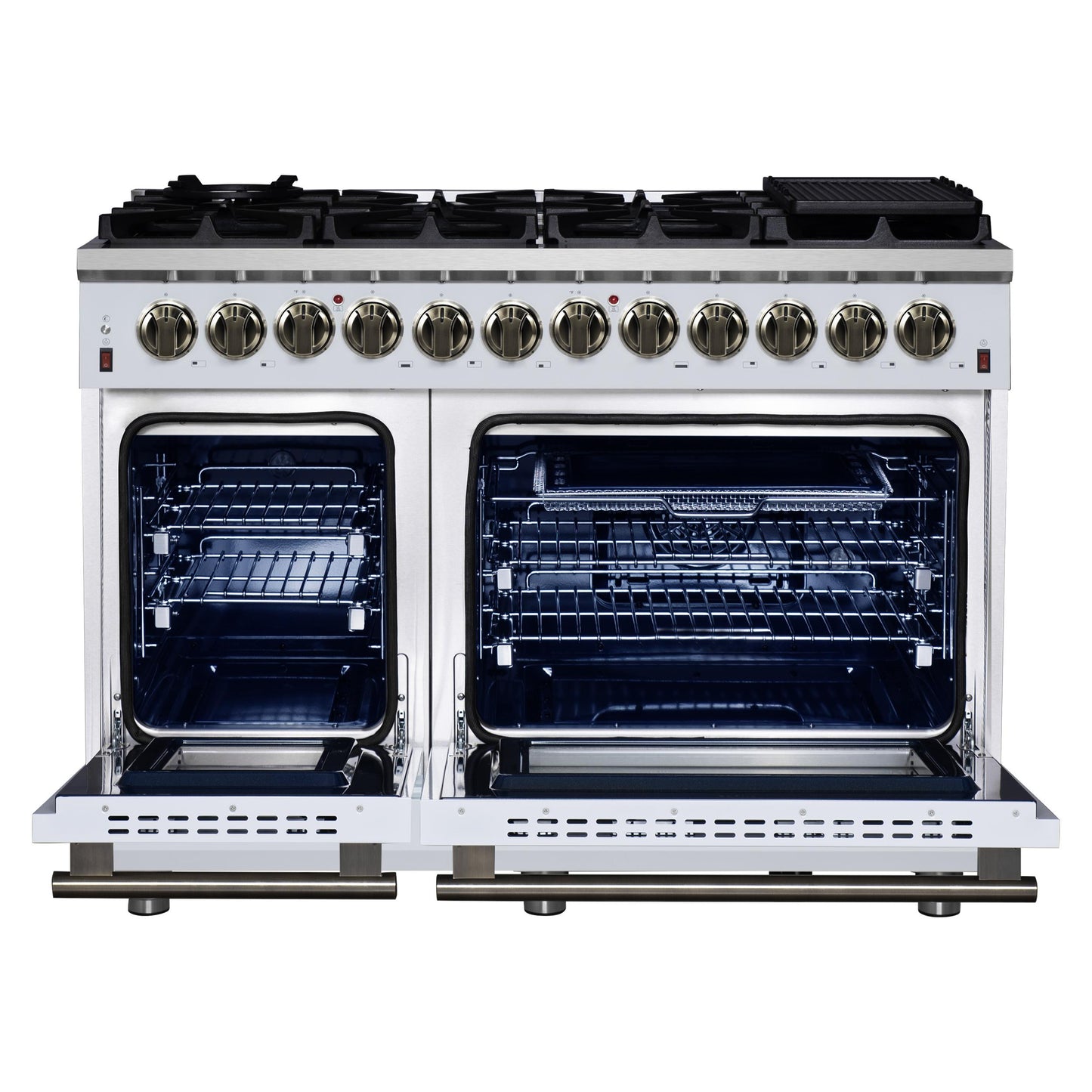 Forno FFSGS612548WHT Forno Massimo 48 Inch Freestanding Dual Fuel Range In White With Antique Brass Accessories, 8 Burners, 6.58 Cu. Ft. Convection Oven