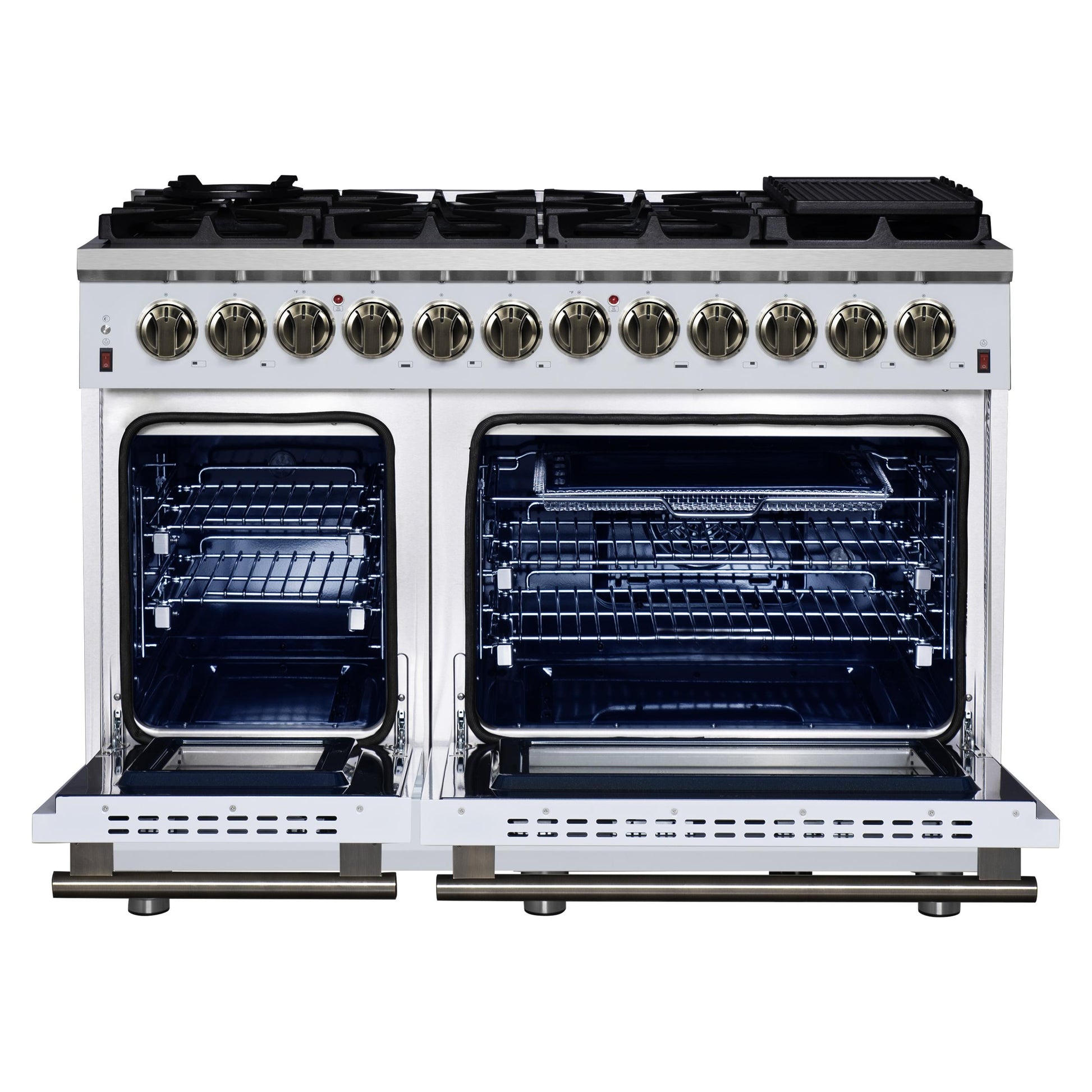 Forno FFSGS612548WHT Forno Massimo 48 Inch Freestanding Dual Fuel Range In White With Antique Brass Accessories, 8 Burners, 6.58 Cu. Ft. Convection Oven