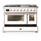 Ilve UM48FNR3WHPLP Ilve Um48Fnr3Whplp Majestic Iii 48 Inch Dual Fuel Range With 8 Burners And Griddle, Dual Function Burner Up To 25,000 Btu (Liquid Propane, Triple Glass Door, White, Copper)