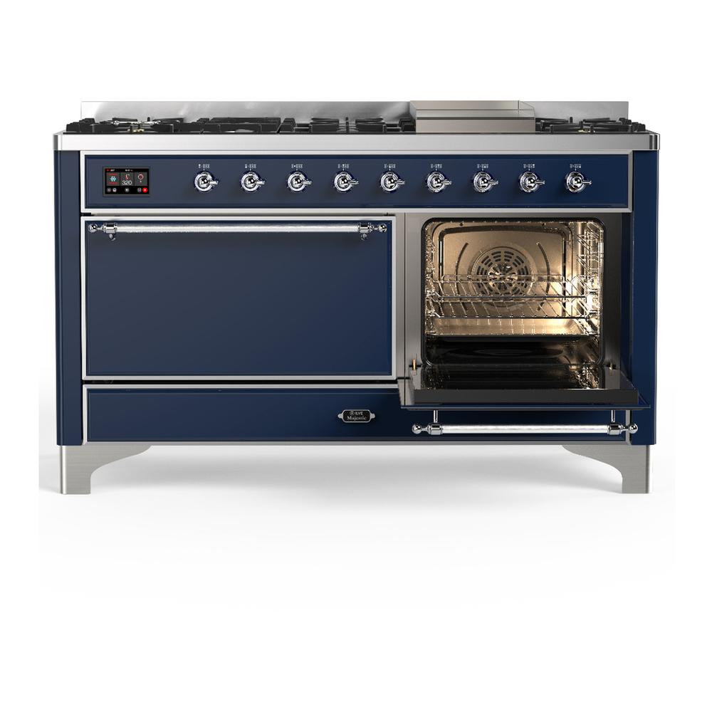 Ilve UM60FQNR3MBCLP Ilve Um60Fqnr3Mbclp Majestic Iii 60 Inch Dual Fuel Range With 9 Burners And Griddle, Dual Function Burner Up To 25,000 Btu (Liquid Propane, Solid Door, Midnight Blue, Chrome)
