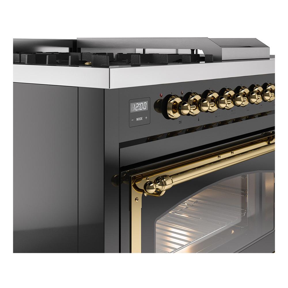 Ilve UN48FSNMPBKG Ilve Un48Fsnmpbkg Nostalgie Ii Noblesse 48" Dual Fuel Range (5 Sealed Burners + Griddle + French Top, Natural Gas, Triple Glass Door, Glossy Black, Brass)