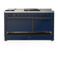 Ilve UM60FSQNR3MBB Ilve Um60Fsqnr3Mbb Majestic Iii 60 Inch Dual Fuel Range With 7 Burners, Griddle And French Top, Dual Function Burner With Up To 25,000 Btu (Natural Gas, Solid Door, Midnight Blue, Burnished)