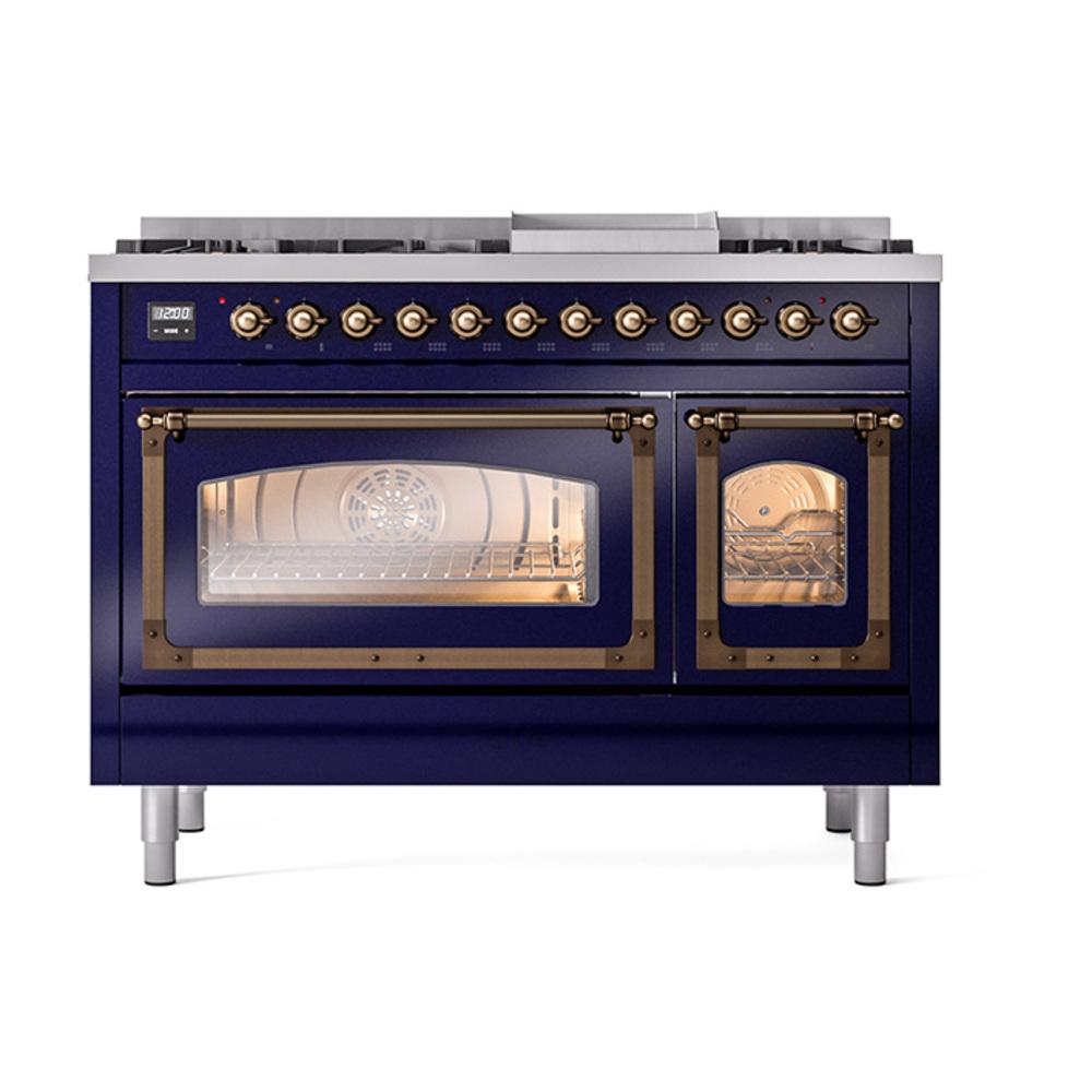 Ilve UN48FNMPMBBLP Ilve Un48Fnmpmbblp Nostalgie Ii Noblesse 48" Dual Fuel Range (8 Sealed Burners + Griddle, Liquid Propane, Triple Glass Door, Midnight Blue, Burnished)