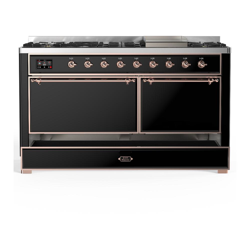 Ilve UM60FQNR3BKP Ilve Um60Fqnr3Bkp Majestic Iii 60 Inch Dual Fuel Range With 9 Burners And Griddle, Dual Function Burner Up To 25,000 Btu (Natural Gas, Solid Door, Glossy Black, Copper)