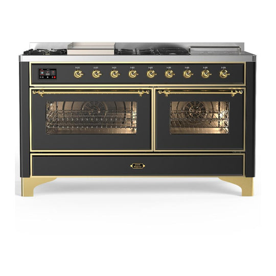 Ilve UM60FSNR3MGGLP Ilve Um60Fsnr3Mgglp Majestic Iii 60 Inch Dual Fuel Range With 7 Burners, Griddle And French Top, Dual Function Burner With Up To 25,000 Btu (Liquid Propane, Triple Glass Door, Graphite Matte, Brass)