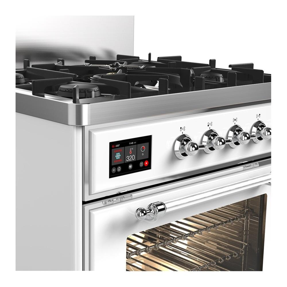 Ilve UM30NR3WHCLP Ilve Um30Nr3Whclp Majestic Iii 30 Inch Dual Fuel Range With 5 Black Brass Burners, Dual Function Burner Up To 25,000 Btu (Liquid Propane, Triple Glass Door, White, Chrome)
