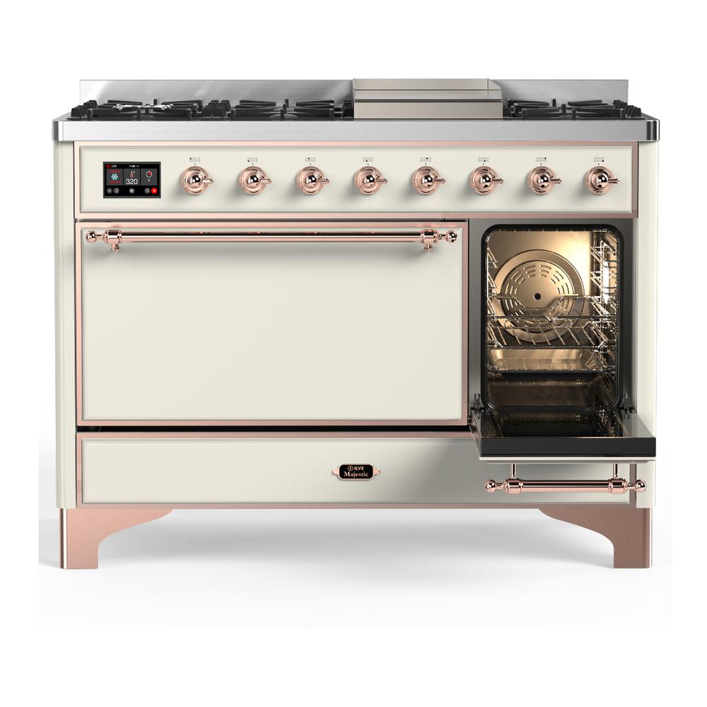 Ilve UM48FQNR3AWPLP Ilve Um48Fqnr3Awplp Majestic Iii 48 Inch Dual Fuel Range With 8 Burners And Griddle, Dual Function Burner Up To 25,000 Btu (Liquid Propane, Solid Door, Antique White, Copper)