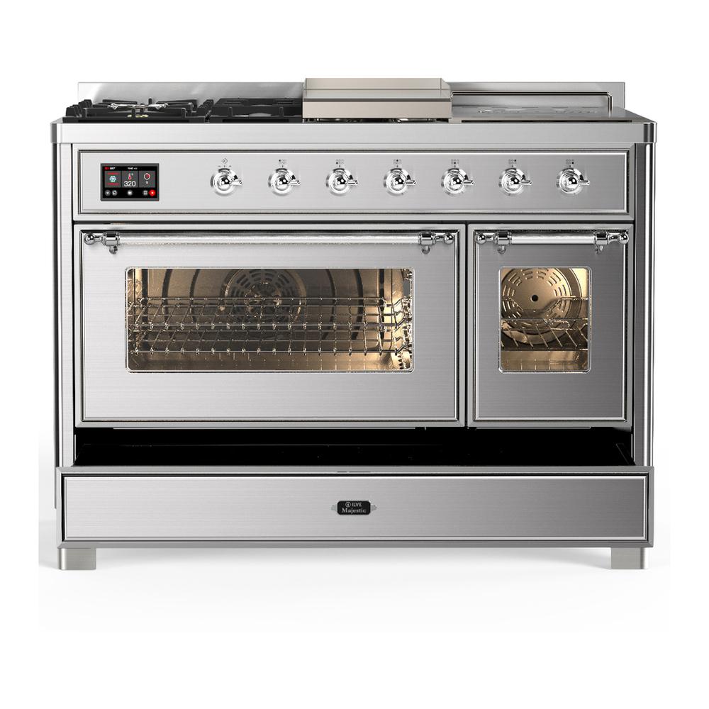 Ilve UM48FSNR3SSC Ilve Um48Fsnr3Ssc Majestic Iii 48 Inch Dual Fuel Range With 5 Black Brass Burners, Griddle And French Top, Dual Function Burner Up To 25,000 Btu (Natural Gas, Triple Glass Door, Stainless Steel, Chrome)