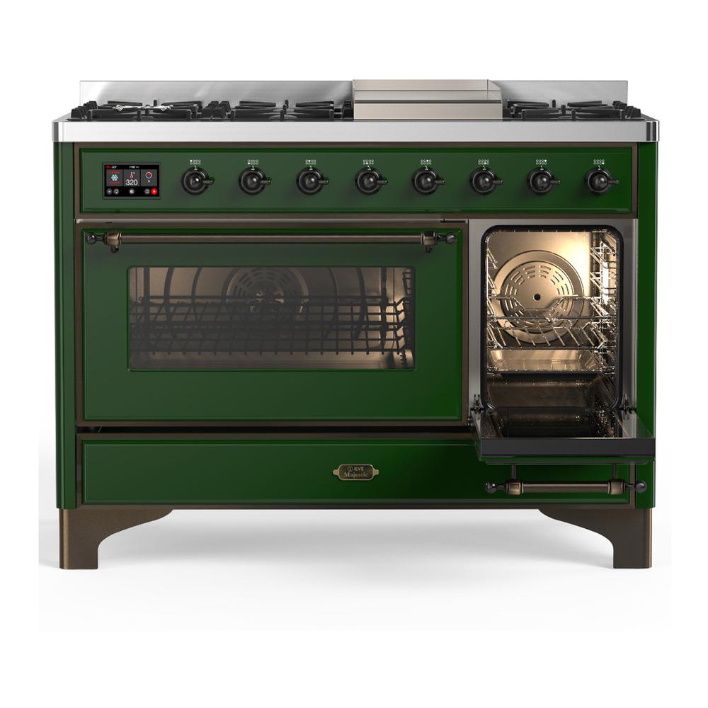 Ilve UM48FNR3EGBLP Ilve Um48Fnr3Egblp Majestic Iii 48 Inch Dual Fuel Range With 8 Burners And Griddle, Dual Function Burner Up To 25,000 Btu (Liquid Propane, Triple Glass Door, Emerald Green, Burnished)