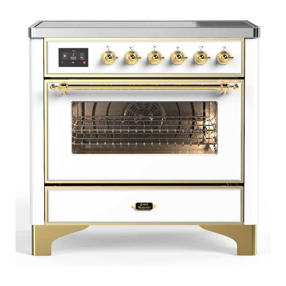 Ilve UMIB36NR3WHG Ilve Umib36Nr3Whg Majestic Iii 36 Inch Induction Range With 6 Elements, 3.5 Cu. Ft. Total Oven Capacity (Triple Glass Door, White, Brass)