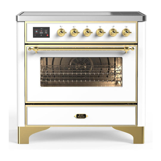 Ilve UMIB36NR3WHG Ilve Umib36Nr3Whg Majestic Iii 36 Inch Induction Range With 6 Elements, 3.5 Cu. Ft. Total Oven Capacity (Triple Glass Door, White, Brass)