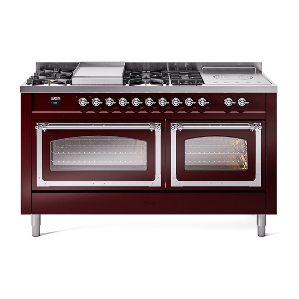 Ilve UN60FSNMPBUCLP Ilve Un60Fsnmpbuclp Nostalgie Ii Noblesse 60" Dual Fuel Range (7 Sealed Burners + Griddle + French Top, Liquid Propane, Triple Glass Door, Burgundy, Chrome)