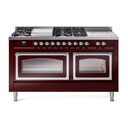 Ilve UN60FSNMPBUCLP Ilve Un60Fsnmpbuclp Nostalgie Ii Noblesse 60" Dual Fuel Range (7 Sealed Burners + Griddle + French Top, Liquid Propane, Triple Glass Door, Burgundy, Chrome)
