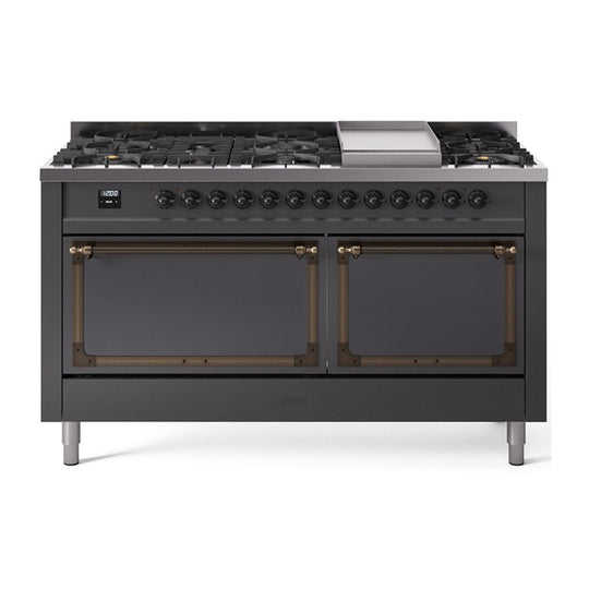 Ilve UN60FQNMPMGB Ilve Un60Fqnmpmgb Nostalgie Ii Noblesse 60" Dual Fuel Range (9 Sealed Burners + Griddle, Natural Gas, Solid Door, Graphite Matte, Burnished)