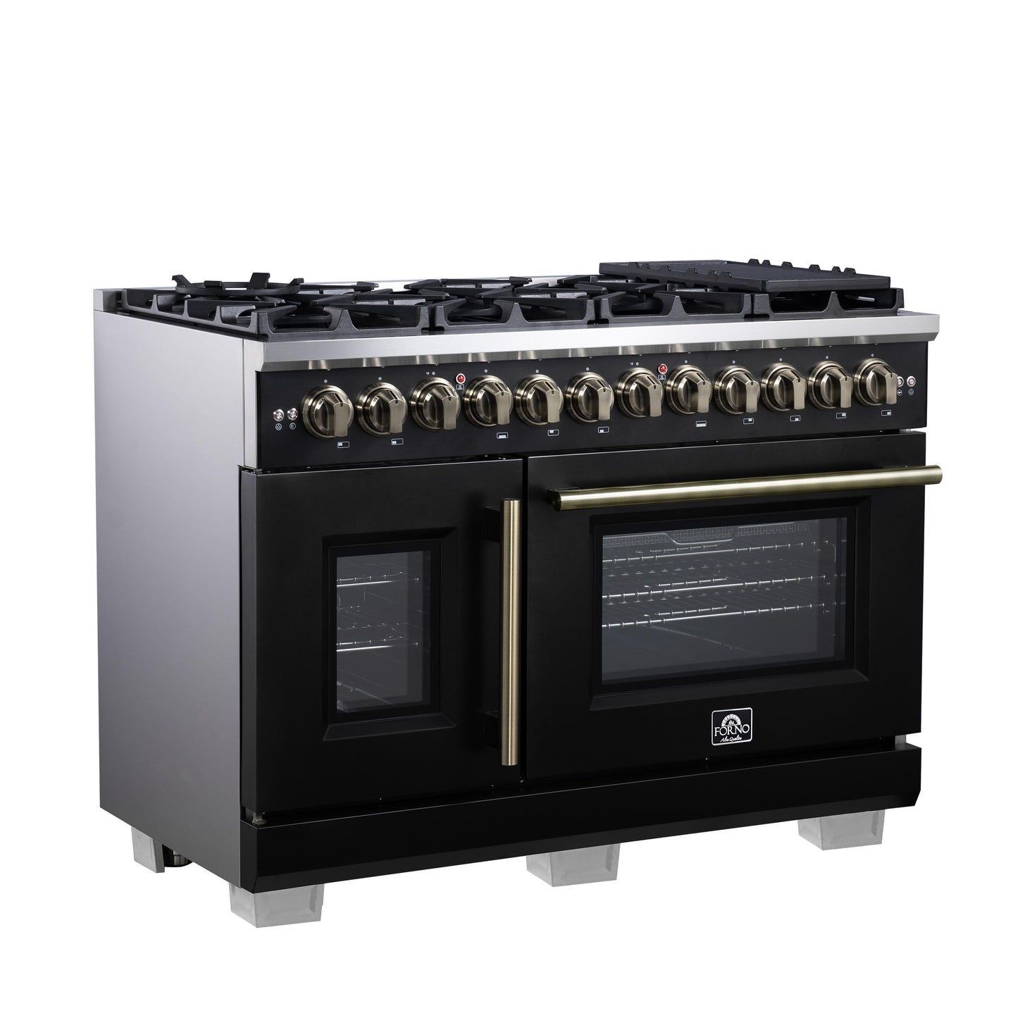Forno FFSGS638748BLK Forno Capriasca 48 Inch Freestanding French Door Dual Fuel Range In Black With Antique Brass Accessories, 8 Burners, True Convection Oven