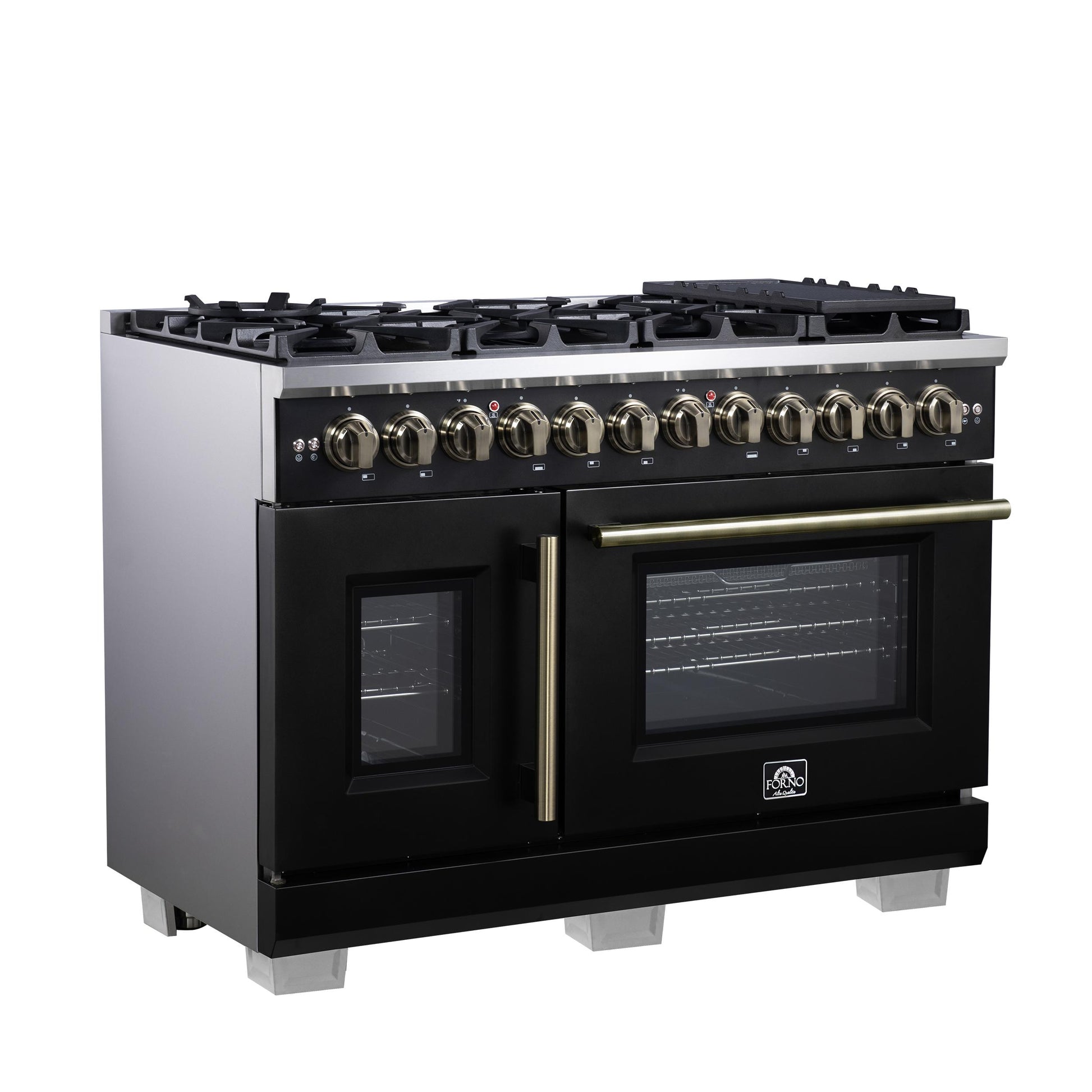 Forno FFSGS638748BLK Forno Capriasca 48 Inch Freestanding French Door Dual Fuel Range In Black With Antique Brass Accessories, 8 Burners, True Convection Oven