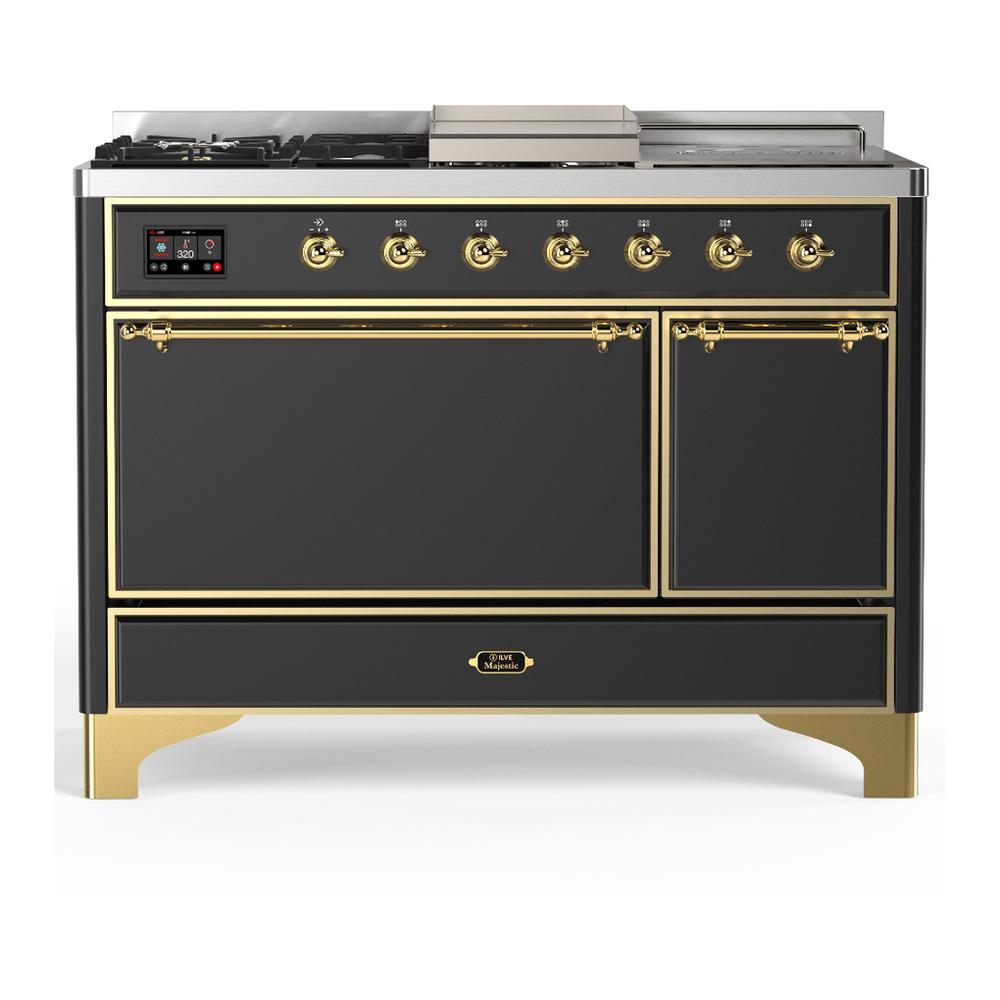 Ilve UM48FSQNR3MGGLP Ilve Um48Fsqnr3Mgglp Majestic Iii 48 Inch Dual Fuel Range With 5 Black Brass Burners, Griddle And French Top, Dual Function Burner Up To 25,000 Btu (Liquid Propane, Solid Door, Graphite Matte, Brass)