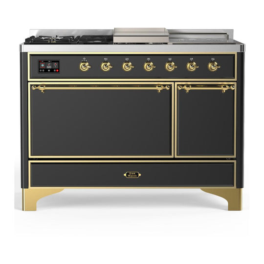 Ilve UM48FSQNR3MGGLP Ilve Um48Fsqnr3Mgglp Majestic Iii 48 Inch Dual Fuel Range With 5 Black Brass Burners, Griddle And French Top, Dual Function Burner Up To 25,000 Btu (Liquid Propane, Solid Door, Graphite Matte, Brass)