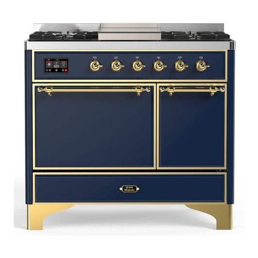 Ilve UMD40FQNR3MBG Ilve Umd40Fqnr3Mbg Majestic Iii 40 Inch Dual Fuel Range With 6 Burners And Griddle, Dual Function Burner Up To 25,000 Btu (Natural Gas, Solid Door, Midnight Blue, Brass)