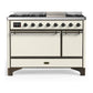 Ilve UM48FQNR3AWBLP Ilve Um48Fqnr3Awblp Majestic Iii 48 Inch Dual Fuel Range With 8 Burners And Griddle, Dual Function Burner Up To 25,000 Btu (Liquid Propane, Solid Door, Antique White, Burnished)