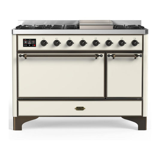 Ilve UM48FQNR3AWBLP Ilve Um48Fqnr3Awblp Majestic Iii 48 Inch Dual Fuel Range With 8 Burners And Griddle, Dual Function Burner Up To 25,000 Btu (Liquid Propane, Solid Door, Antique White, Burnished)