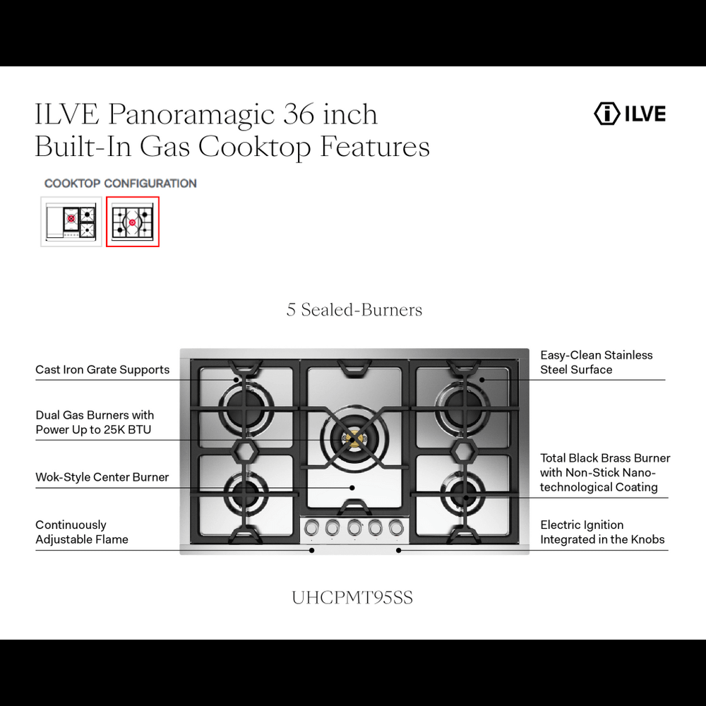 Ilve UHCPMT95SSLP Ilve Uhcpmt95Sslp Panoramagic 36 Inch Built-In Gas Cooktop With 5 Burners, In Stainless Steel (Liquid Propane, 5 Sealed Burners)
