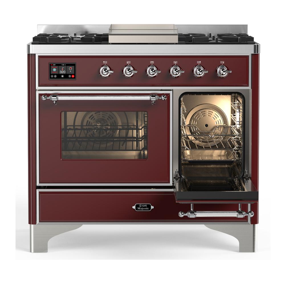 Ilve UMD40FNR3BUC Ilve Umd40Fnr3Buc Majestic Iii 40 Inch Dual Fuel Range With 6 Burners And Griddle, Dual Function Burner Up To 25,000 Btu (Natural Gas, Triple Glass Door, Burgundy, Chrome)