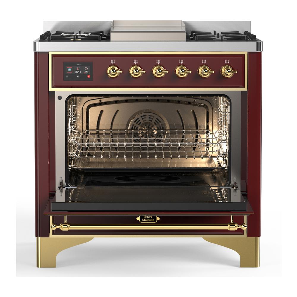 Ilve UM36FNR3BUG Ilve Um36Fnr3Bug Majestic Iii 36 Inch Dual Fuel Range With 6 Black Brass Burners And Griddle, Dual Function Burner Up To 25,000 Btu (Triple Glass Door, Burgundy, Brass, Natural Gas)
