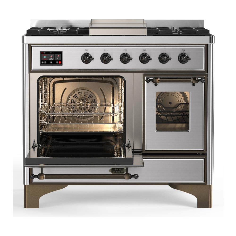 Ilve UMD40FNR3SSBLP Ilve Umd40Fnr3Ssblp Majestic Iii 40 Inch Dual Fuel Range With 6 Burners And Griddle, Dual Function Burner Up To 25,000 Btu (Liquid Propane, Triple Glass Door, Stainless Steel, Burnished)